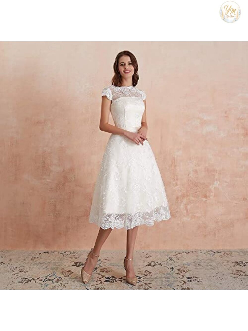 Womens Knee-Length Wedding Dress Cap Sleeve Lace Neckline Ball Gown - Picture 4 of 6
